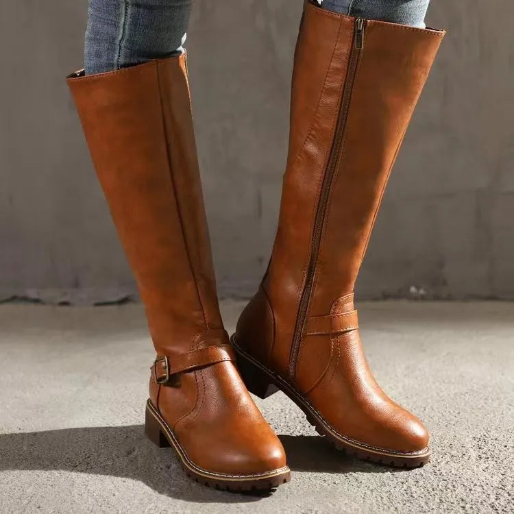 Caterina Back Zip Buckle Knee High Riding Boots