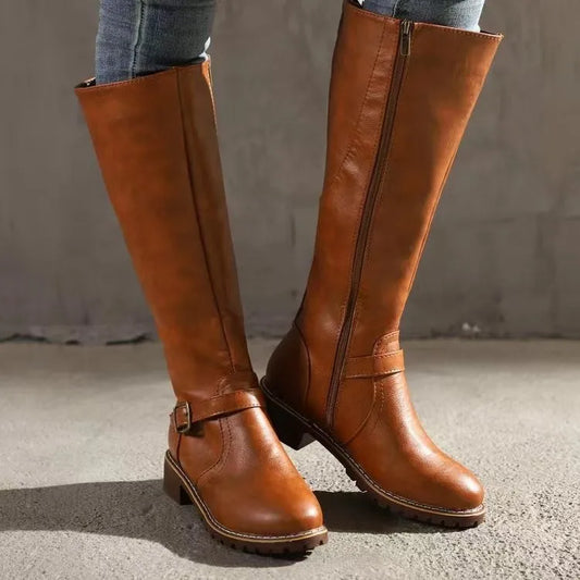 Caterina Back Zip Buckle Knee High Riding Boots