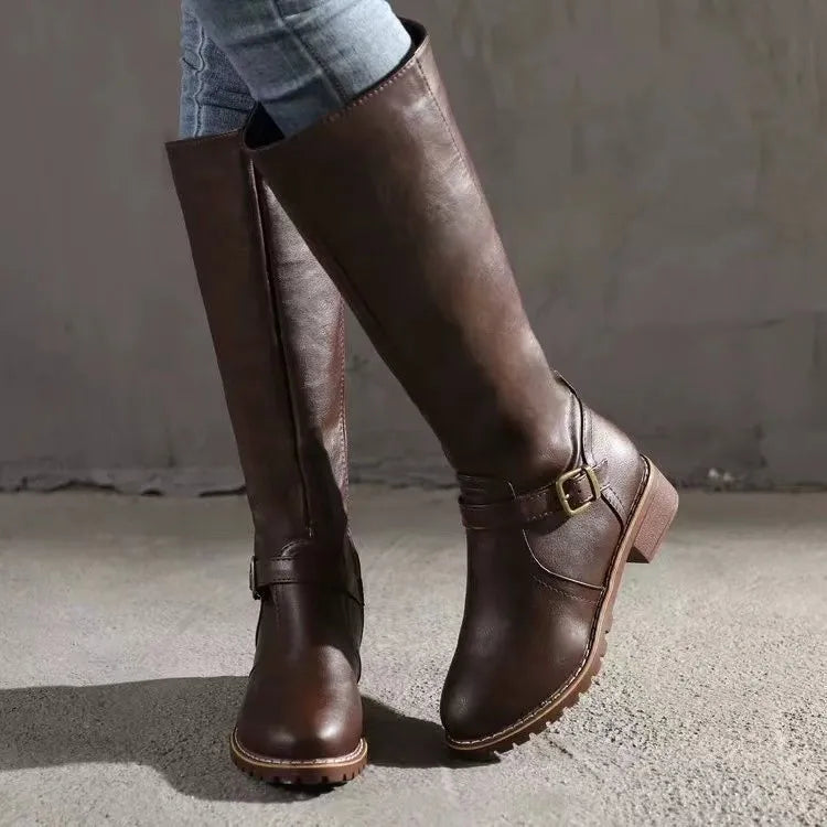 Caterina Back Zip Buckle Knee High Riding Boots