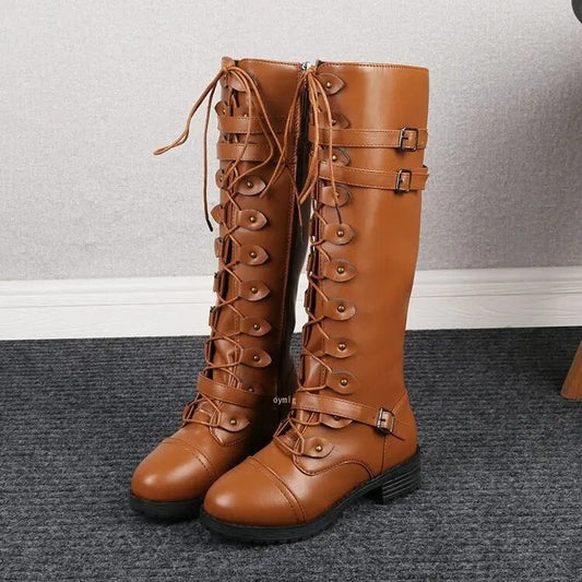 Isabeau Lace-Up Double Buckle Knee High Combat Boots