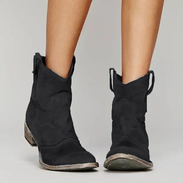 Colette Nubuck Low Block Heel Western Ankle Boots