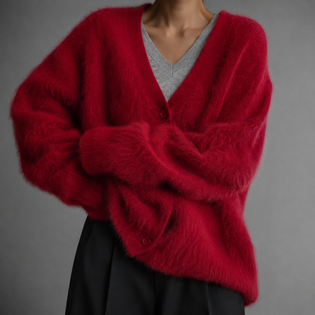 Kerensa Fluffy Knit V Neck Button Front Cardigan