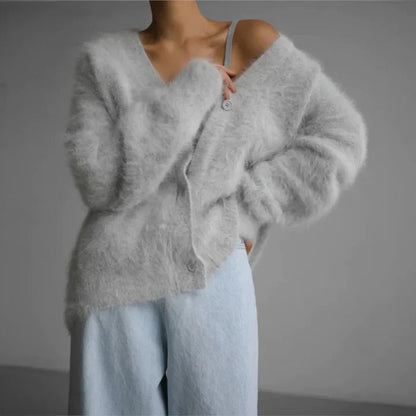 Kerensa Fluffy Knit V Neck Button Front Cardigan