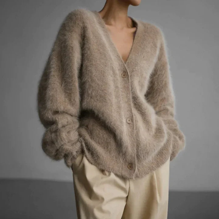Kerensa Fluffy Knit V Neck Button Front Cardigan
