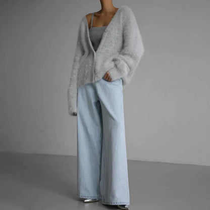 Kerensa Fluffy Knit V Neck Button Front Cardigan