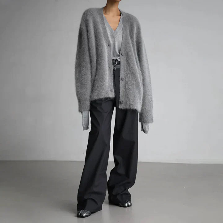 Kerensa Fluffy Knit V Neck Button Front Cardigan