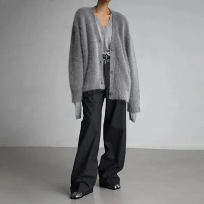Kerensa Fluffy Knit V Neck Button Front Cardigan