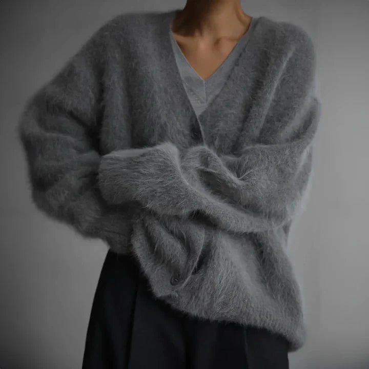 Kerensa Fluffy Knit V Neck Button Front Cardigan