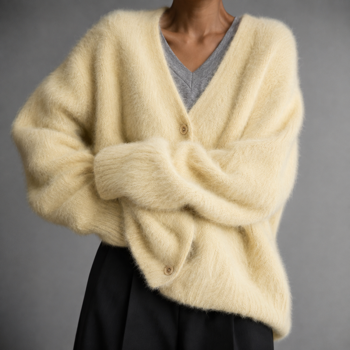 Kerensa Fluffy Knit V Neck Button Front Cardigan