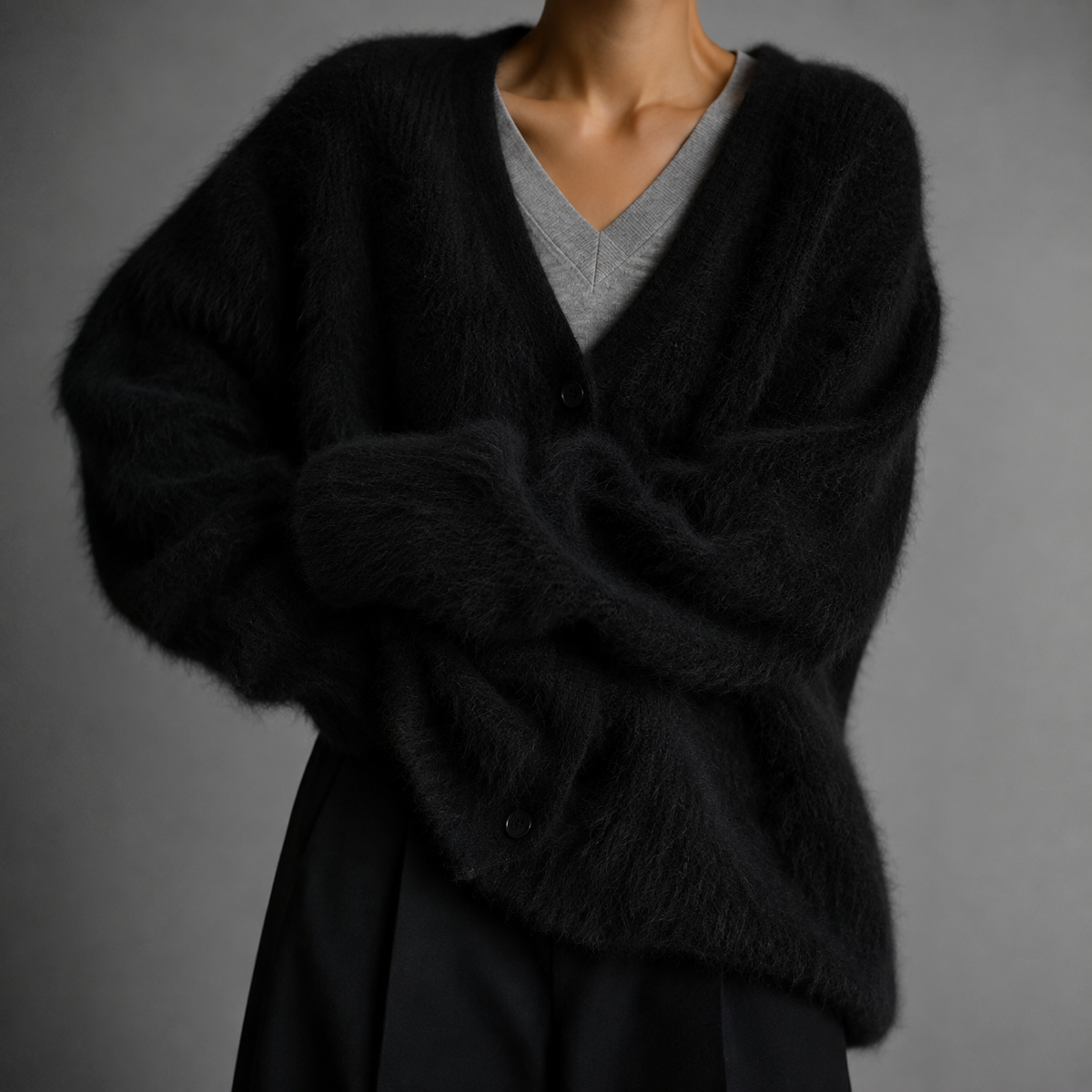 Kerensa Fluffy Knit V Neck Button Front Cardigan