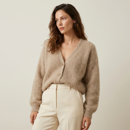 Kerensa Fluffy Knit V Neck Button Front Cardigan