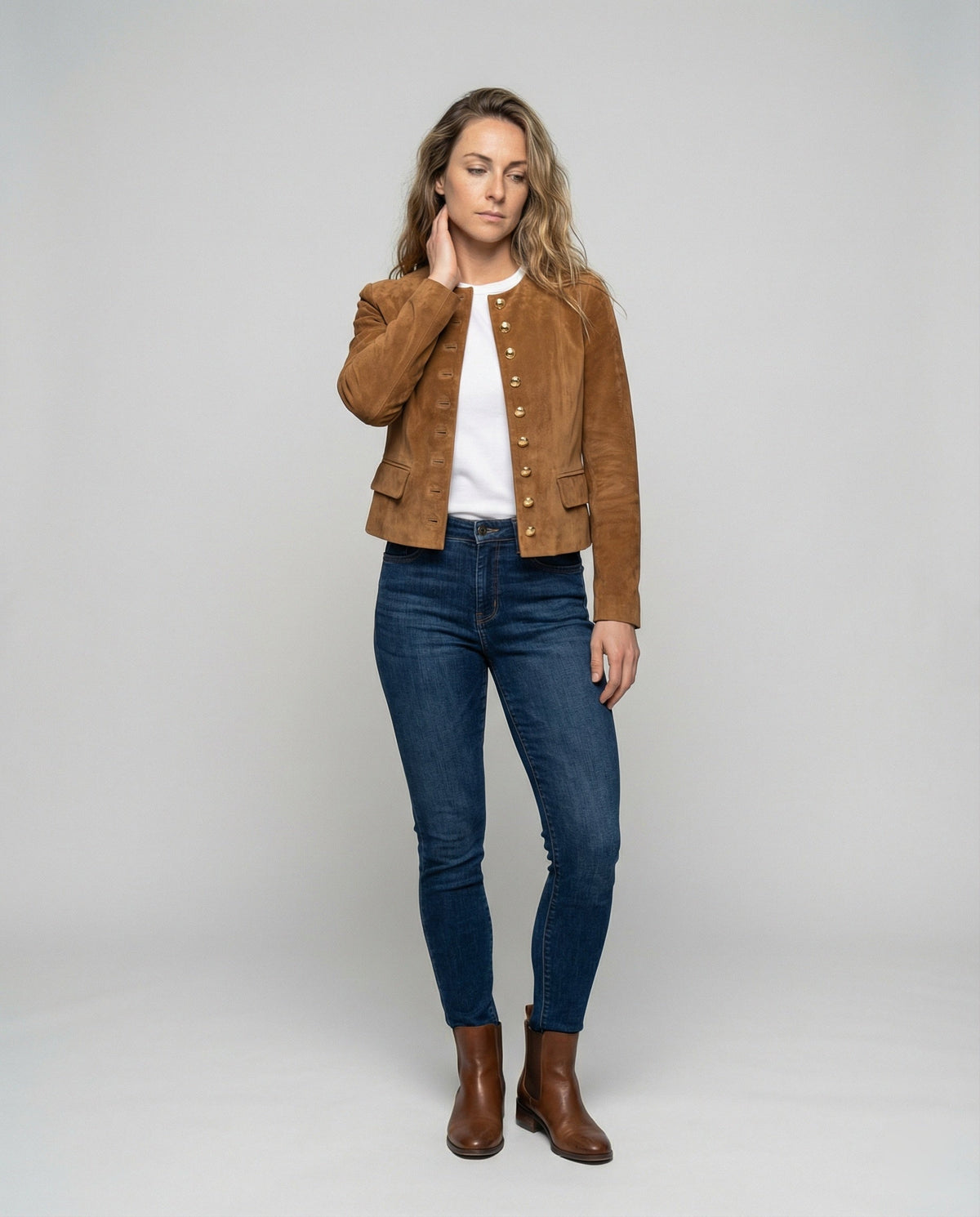 Berenice Collarless Gold Button Suede Look Jacket