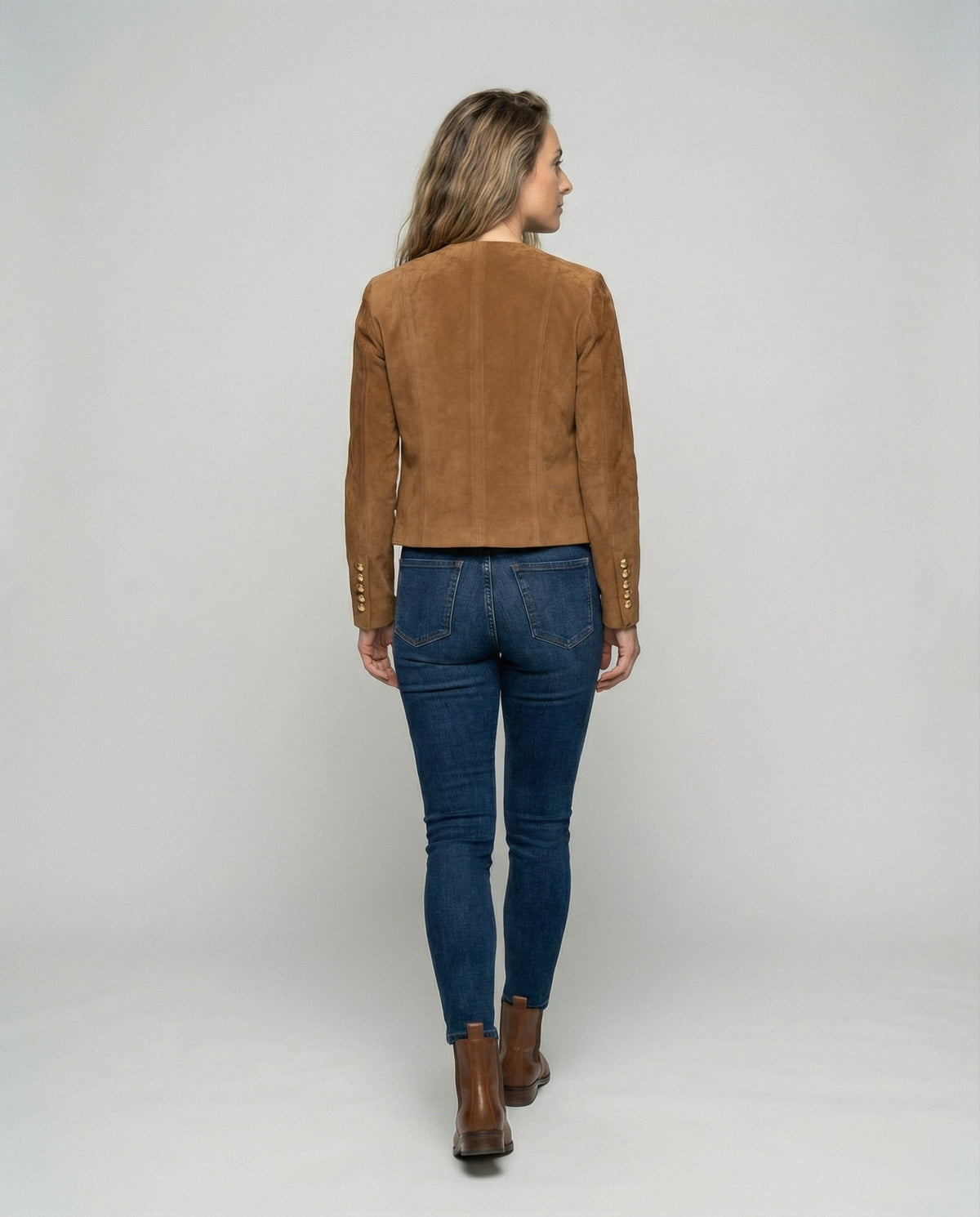 Berenice Collarless Gold Button Suede Look Jacket