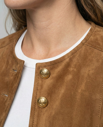 Berenice Collarless Gold Button Suede Look Jacket