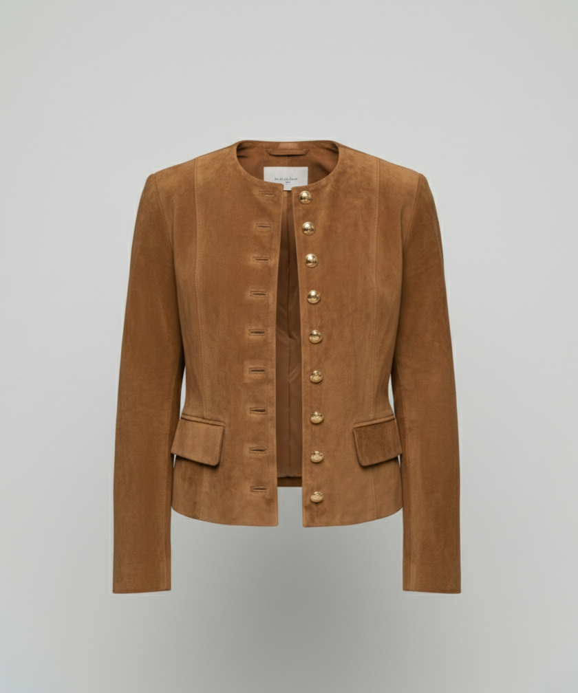 Berenice Collarless Gold Button Suede Look Jacket