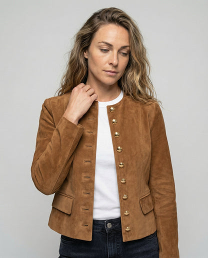 Berenice Collarless Gold Button Suede Look Jacket