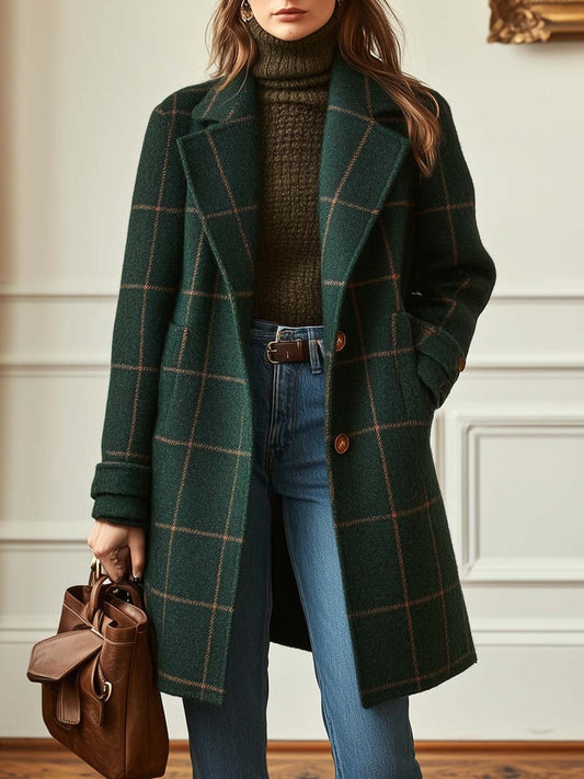 Quintessa Windowpane Check Wide Collar Long Coat