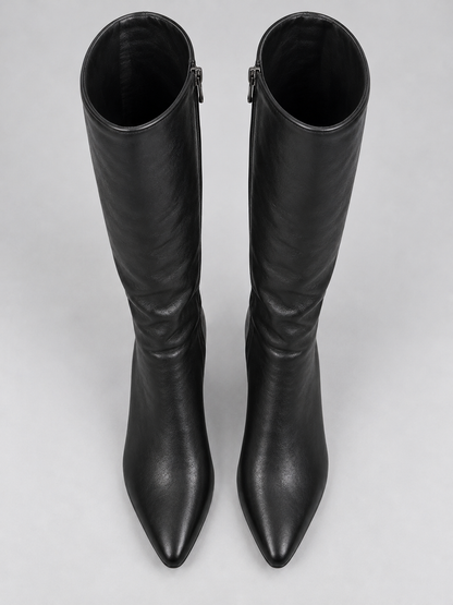 Selina Leather Look Pointed Toe Block Heel Knee High Boots