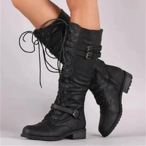 Theodora Buckle Lace-Up Knee High Boots