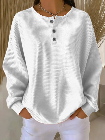 Jesselle Drop Shoulder Henley Waffle Knit Sweatshirt