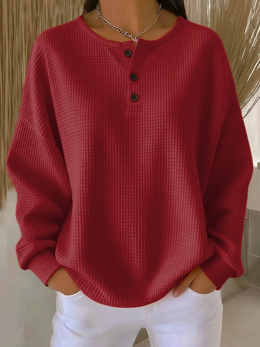 Jesselle Drop Shoulder Henley Waffle Knit Sweatshirt