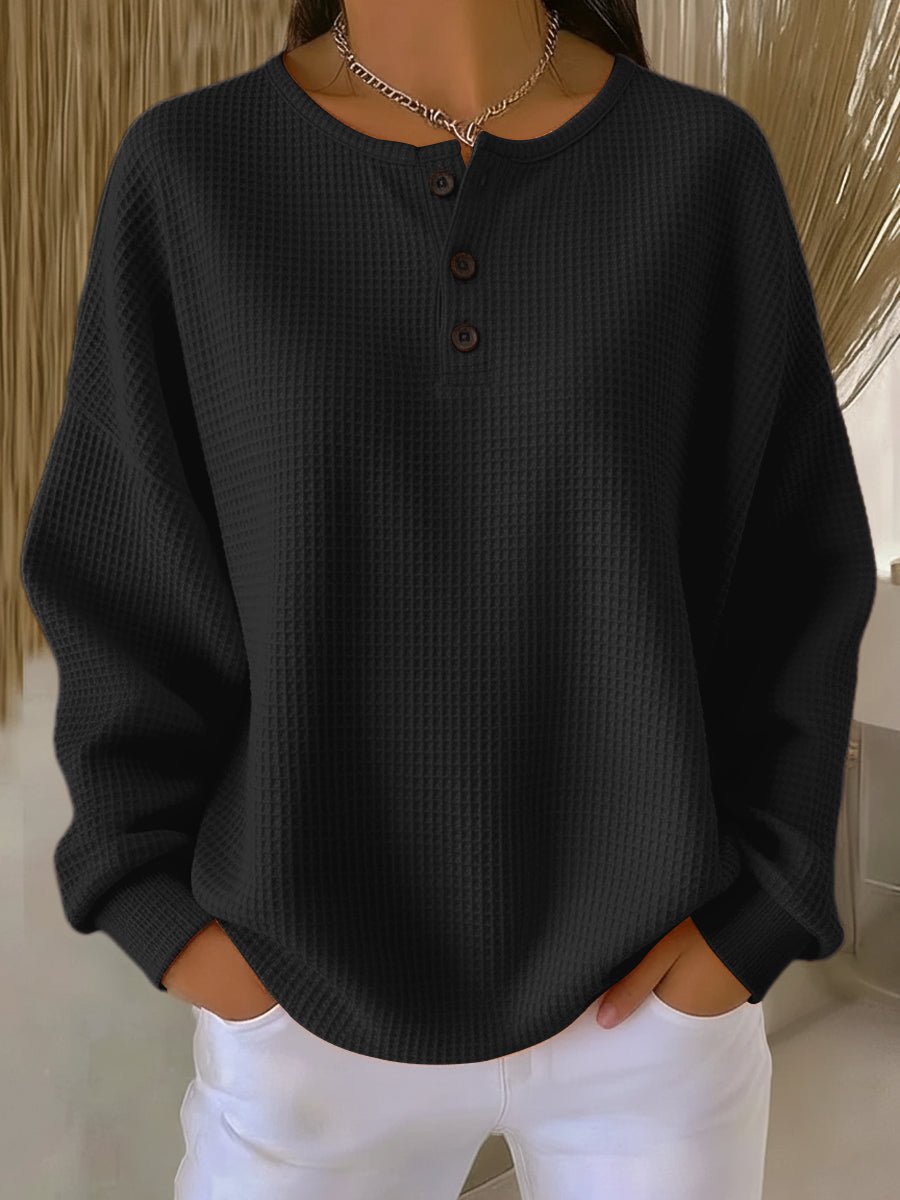 Jesselle Drop Shoulder Henley Waffle Knit Sweatshirt
