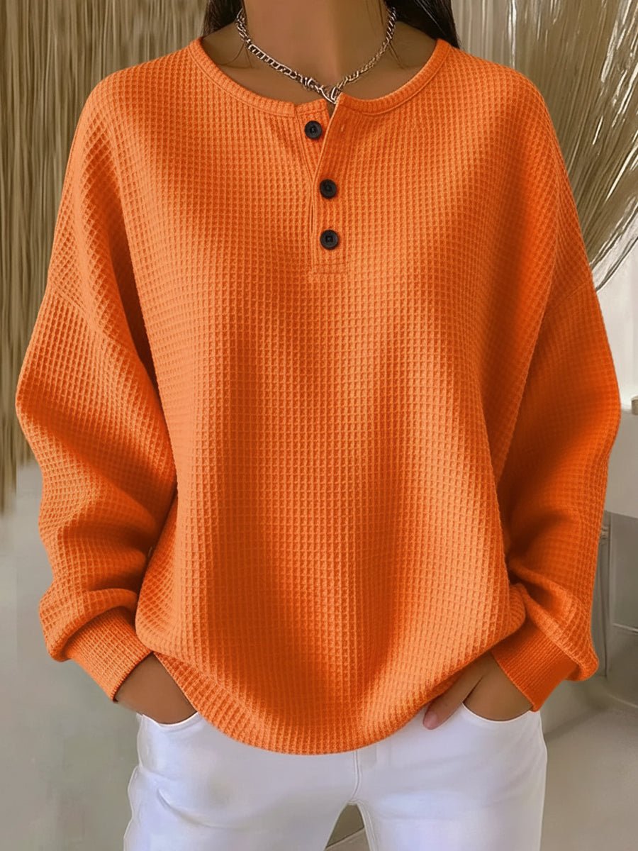 Jesselle Drop Shoulder Henley Waffle Knit Sweatshirt