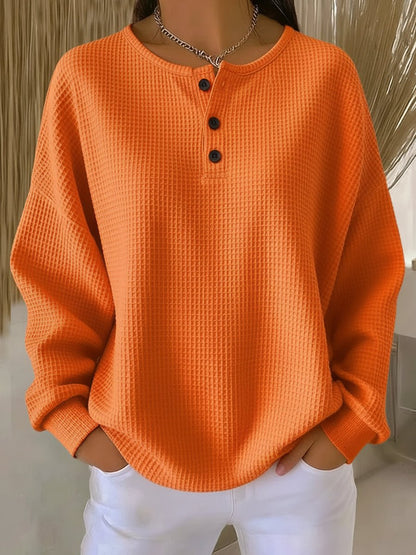 Jesselle Drop Shoulder Henley Waffle Knit Sweatshirt
