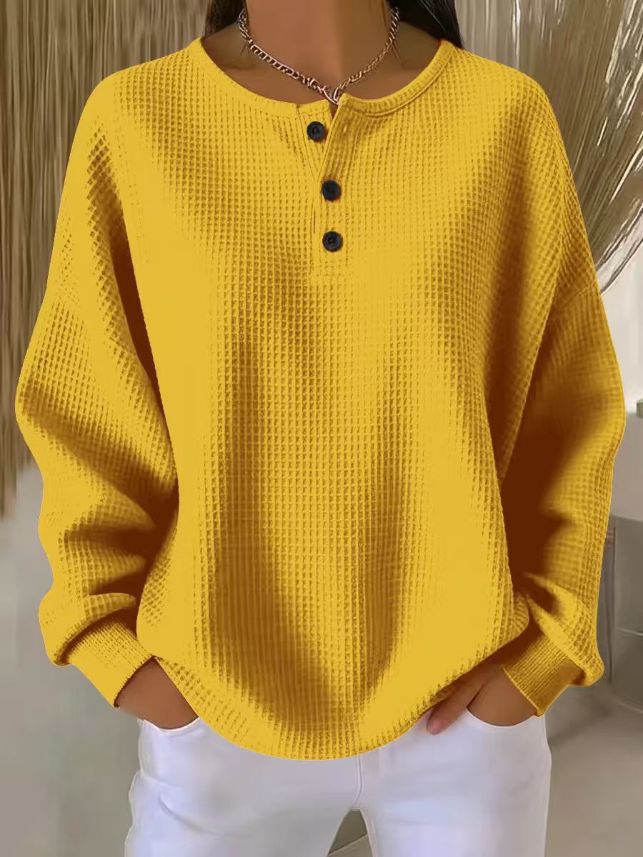 Jesselle Drop Shoulder Henley Waffle Knit Sweatshirt