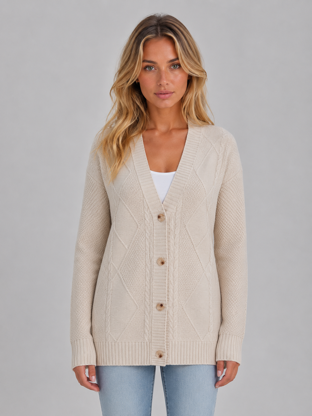 Maelle Cable Knit V-Neck Button Front Cardigan