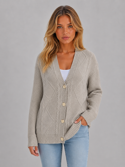 Maelle Cable Knit V-Neck Button Front Cardigan