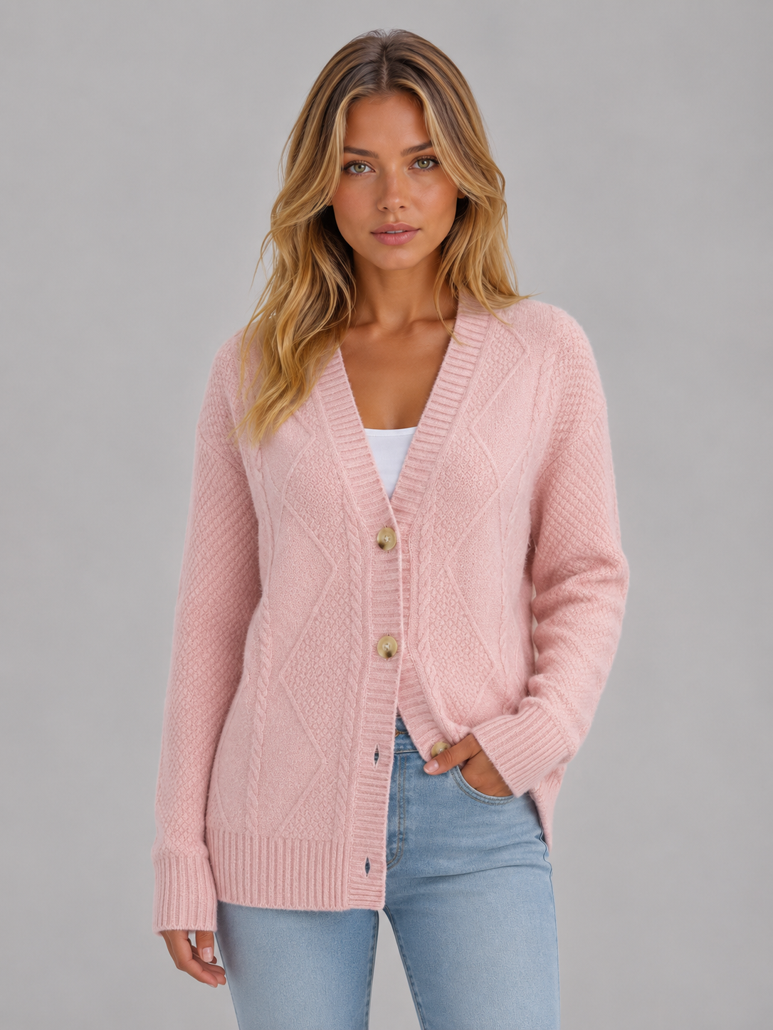 Maelle Cable Knit V-Neck Button Front Cardigan