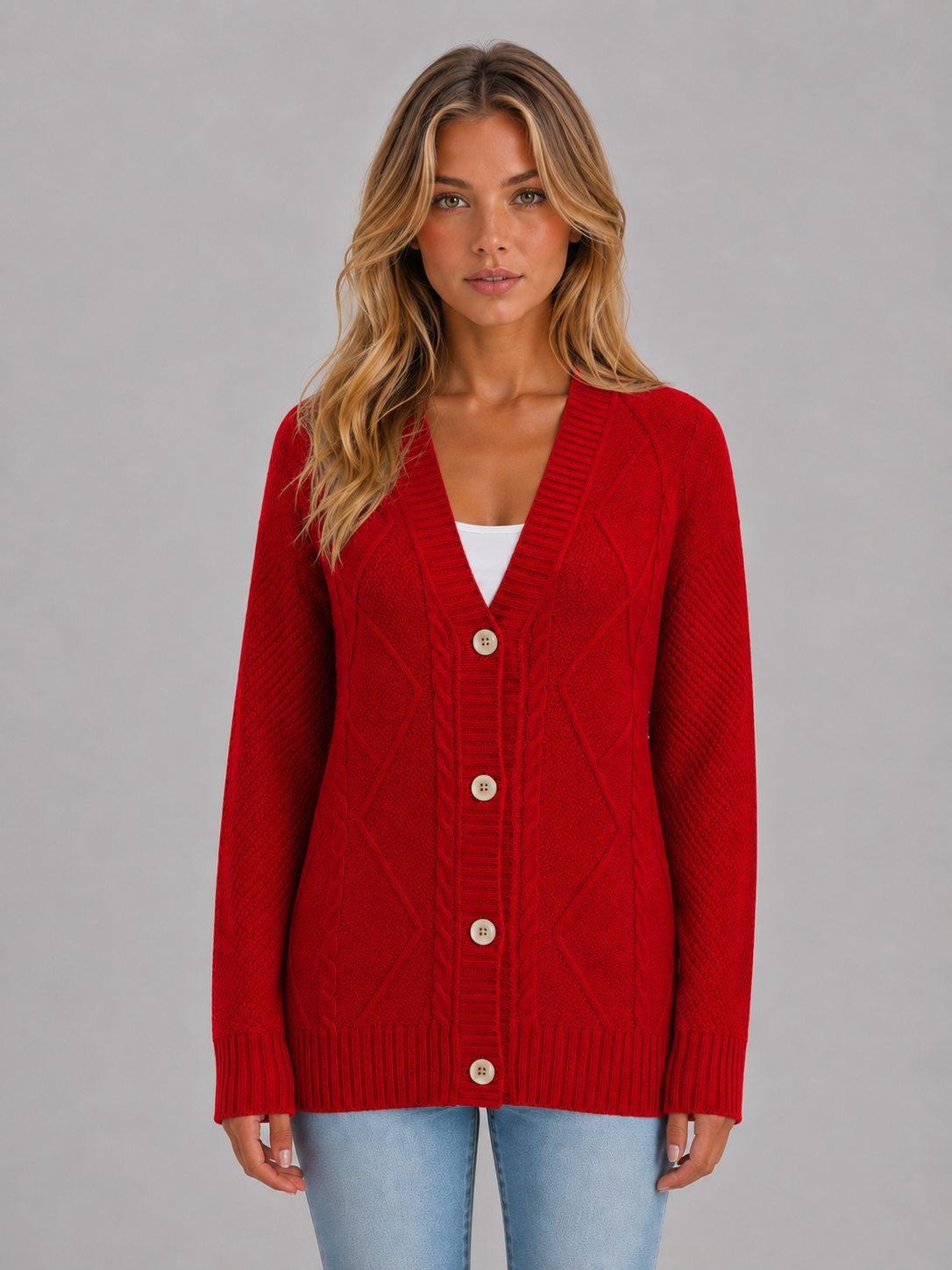 Maelle Cable Knit V-Neck Button Front Cardigan