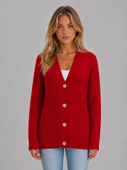 Maelle Cable Knit V-Neck Button Front Cardigan