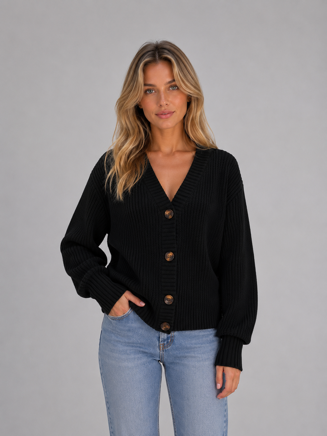 Adele Chunky Ribbed Knit V-Neck Cardigan