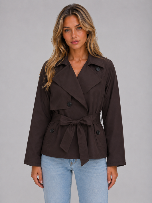 Coralie Cropped Double-Breasted Tie Waist Trench Jacket