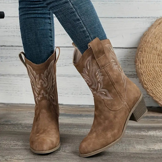 Marcella Floral Embroidered Mid-Calf Block Heel Cowboy Boots