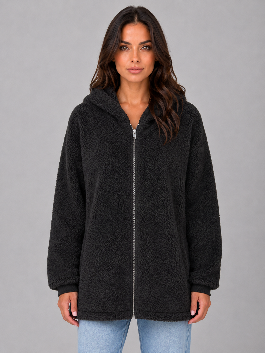Mireille Longline Hooded Zip-Up Teddy Cardigan
