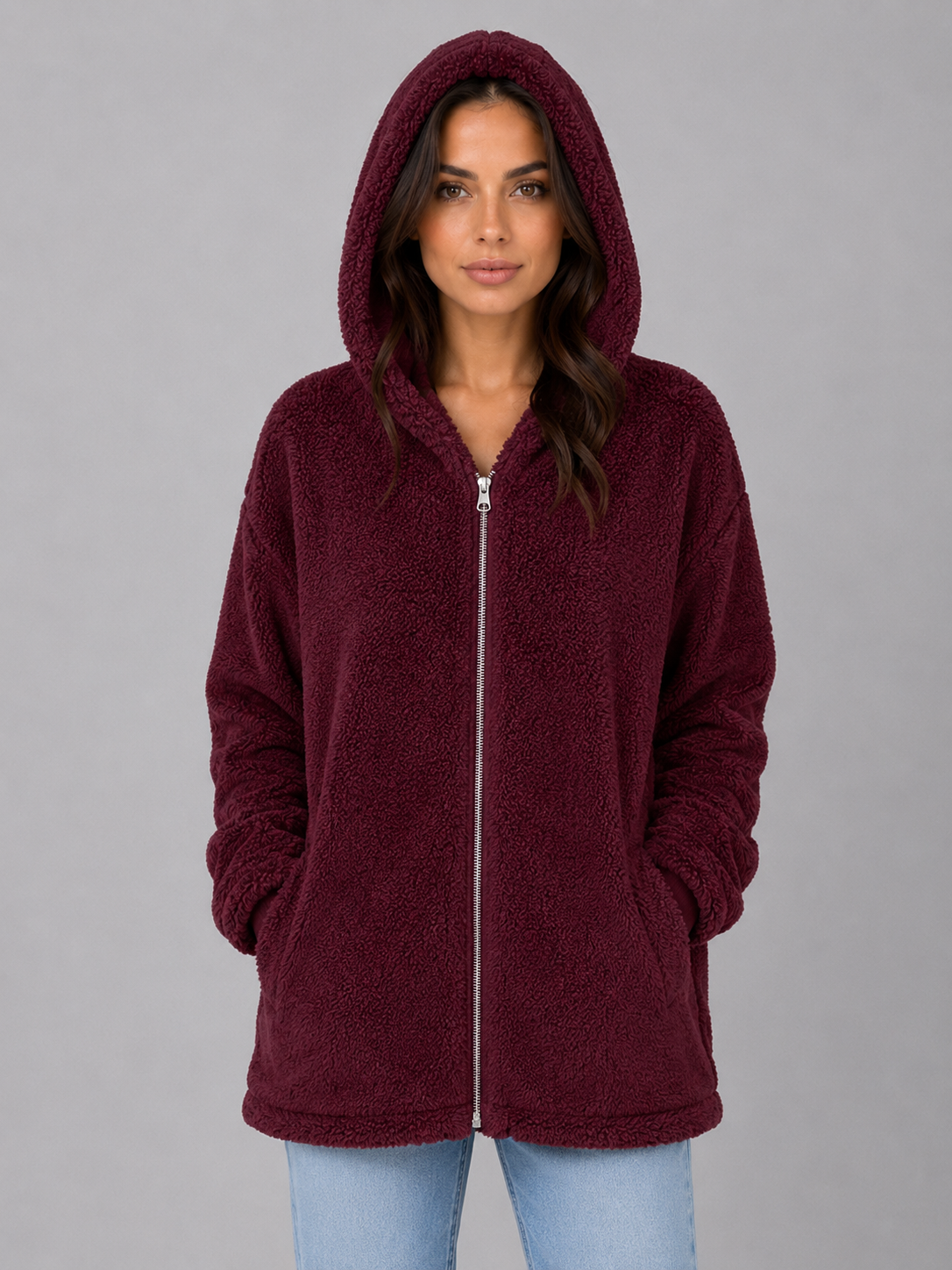 Mireille Longline Hooded Zip-Up Teddy Cardigan