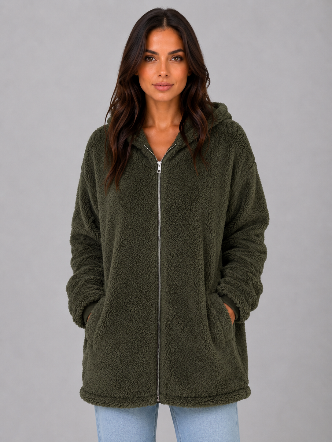 Mireille Longline Hooded Zip-Up Teddy Cardigan