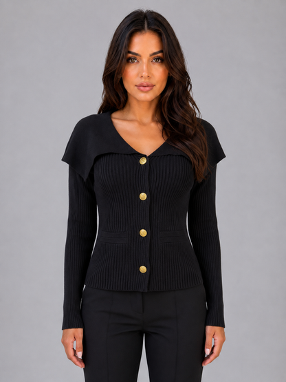 Marielle Cape Collar Gold Button Ribbed Knit Cardigan