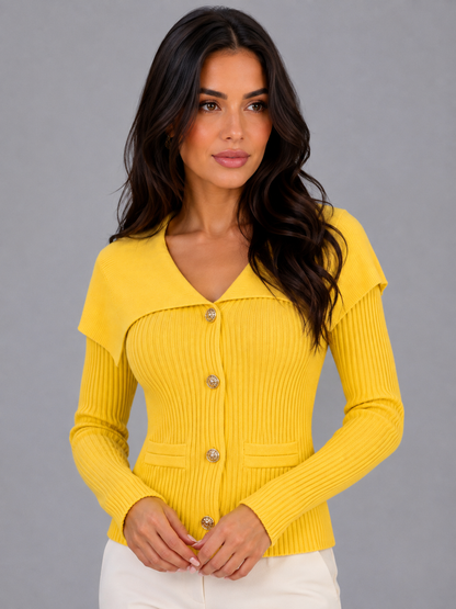 Marielle Cape Collar Gold Button Ribbed Knit Cardigan