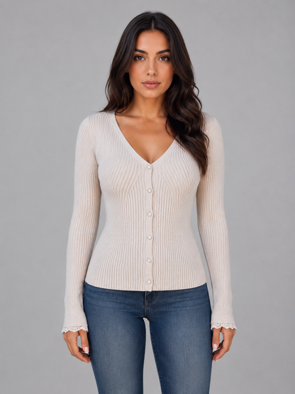 Lucienne Fitted V-Neck Ribbed Knit Cardigan