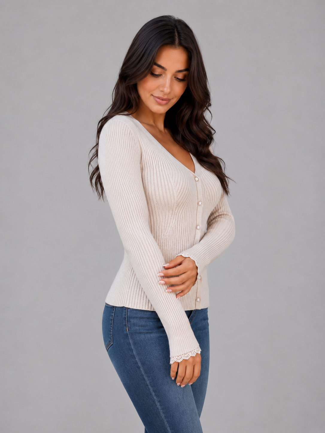Lucienne Fitted V-Neck Ribbed Knit Cardigan