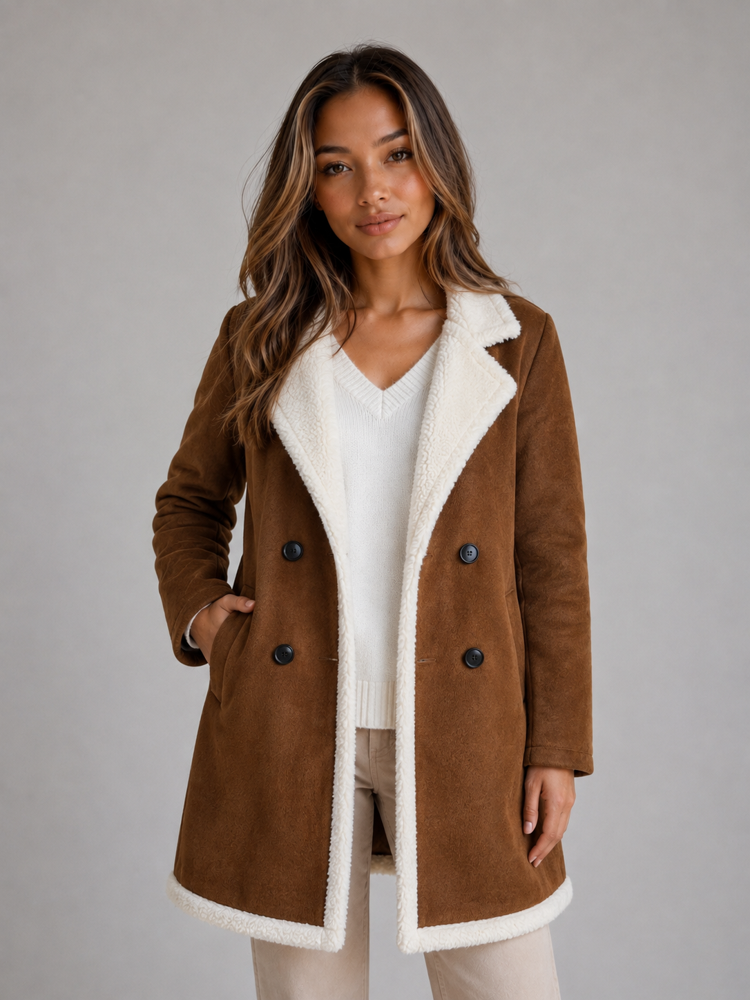 Noelle Suede Look Longline Teddy Trim Coat