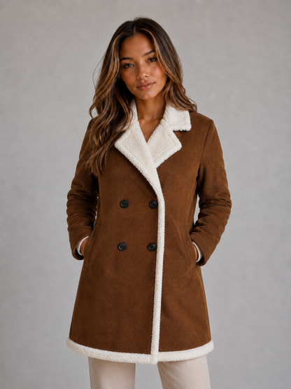 Noelle Suede Look Longline Teddy Trim Coat