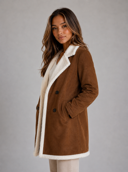 Noelle Suede Look Longline Teddy Trim Coat