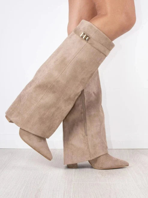 Odile Foldover Pointed Toe Block Heel Knee High Boots