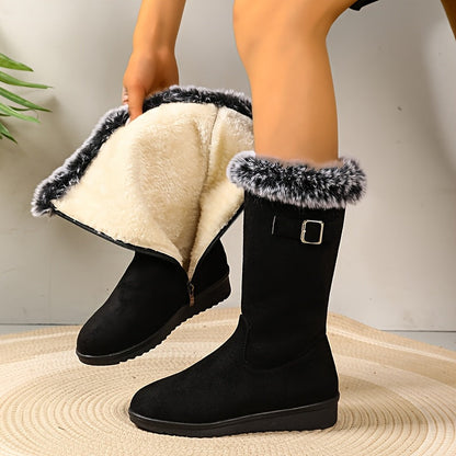 Leonie Plush Lined Side Zip Buckle Mid-Calf Boots