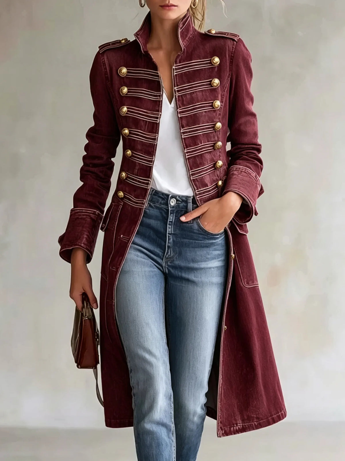 Priscilla Stand Collar Double Button Military Coat